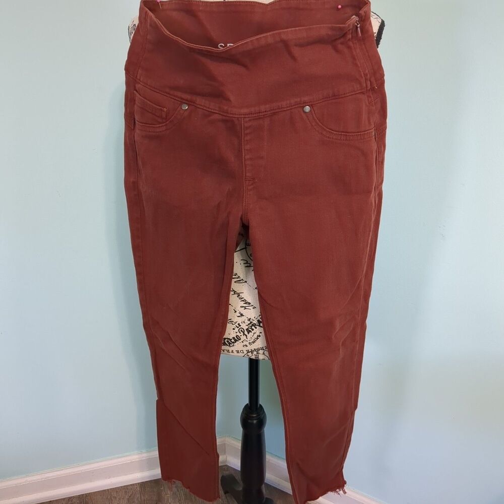 Spanx Denim Leggings Pants Jeggings Burgundy Slimming Side Zip medium